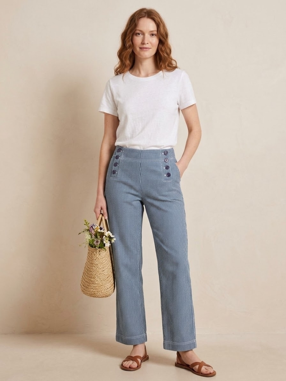 Boden Blue & White Railroad Stripe Wide Leg Sailor Pants 14R
